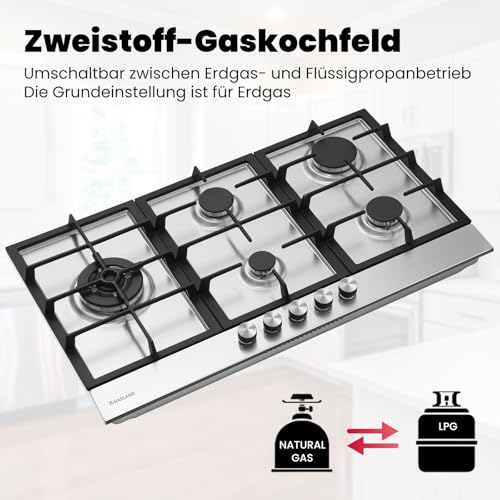 GASLAND GH2905SS1FC Piano cottura a gas da incasso 87 cm in acciaio inox a 5 fuochi, piano cottura a gas da incasso autosufficiente con 2 supporti, con bruciatore wok, GPL/gas naturale, 10400W : Amazon.it: Grandi elettrodomestici