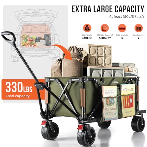 Overmont Carrello da Giardino Pieghevole   Carrelli da Trasporto 150L 150 kg con Maniglia Regolabile Freni Tasche a Rete   Ruote Larghe All terrain   per Campeggio Shopping Sport Spiaggia : Amazon.it: Giardino e giardinaggio