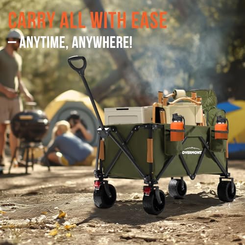 Overmont Carrello da Giardino Pieghevole   Carrelli da Trasporto 150L 150 kg con Maniglia Regolabile Freni Tasche a Rete   Ruote Larghe All terrain   per Campeggio Shopping Sport Spiaggia : Amazon.it: Giardino e giardinaggio