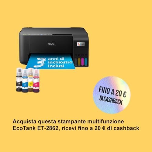 Epson EcoTank ET 2862 Stampante Multifunzione A4, Serbatoi Ricaricabili Alta Capacità, 4 Flaconi Inclusi pari a 3600pag B/N 6500pag Colore : Amazon.it: Informatica