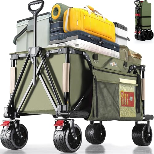 Overmont Carrello da Giardino Pieghevole   Carrelli da Trasporto 150L 150 kg con Maniglia Regolabile Freni Tasche a Rete   Ruote Larghe All terrain   per Campeggio Shopping Sport Spiaggia : Amazon.it: Giardino e giardinaggio